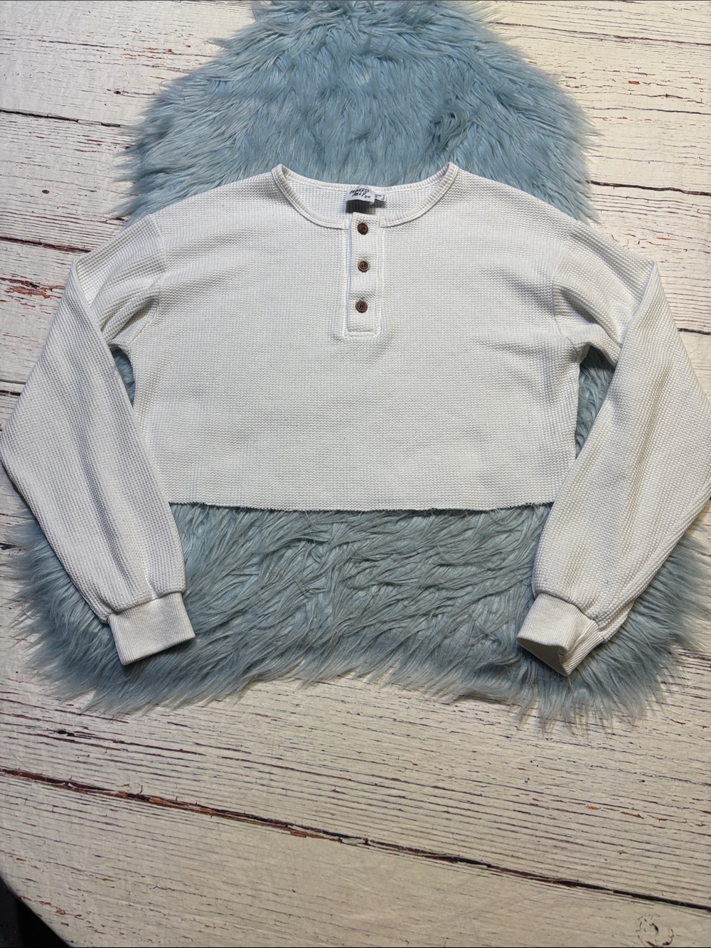Princess Polly Cropped Waffle Henley Top - White sz 0